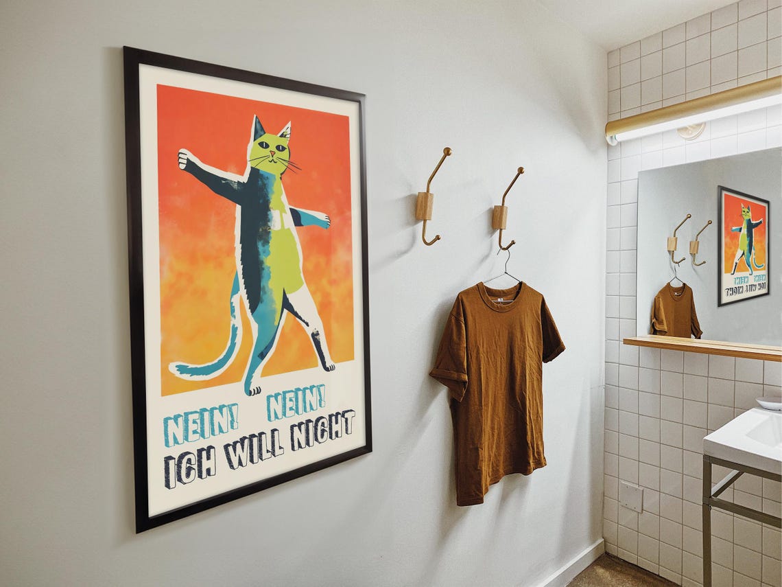 Nein Nein Ich Will Nicht Dancing Cat Orange Funny Retro German Poster - Image 4