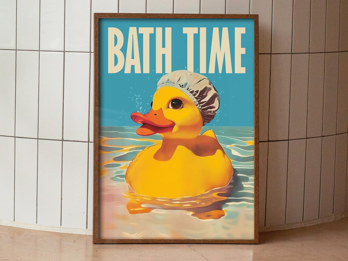 Bath Time Cute Yellow Rubber Duck Shower Cap Kids Bathroom Poster - Image 3