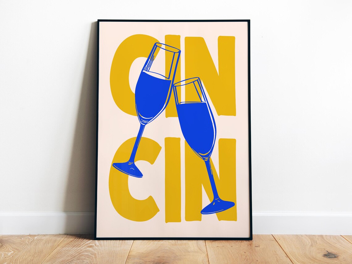 Cin Cin Cheers Clinking Wine Glasses Bold Blue Yellow Party Poster