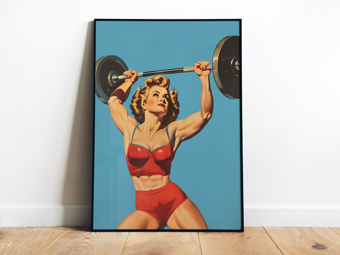 Retro Gym Poster Home Gym Wall Art Female Gym Print Heavy Lifting Art Blue Workout Print Retro Posters Fitness Art Print