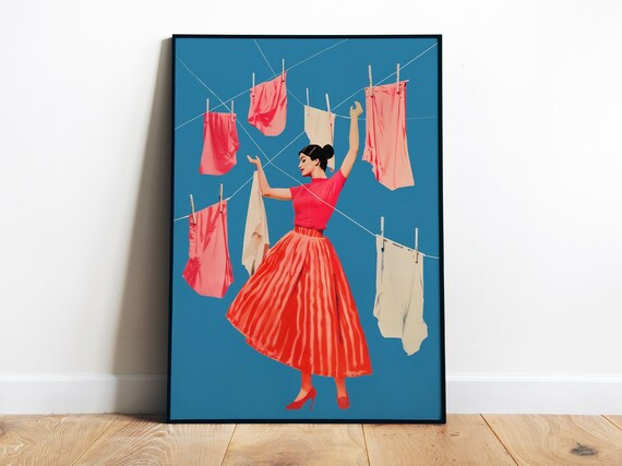 Blue and Pink Laundry Print, Retro Bathroom Art Print