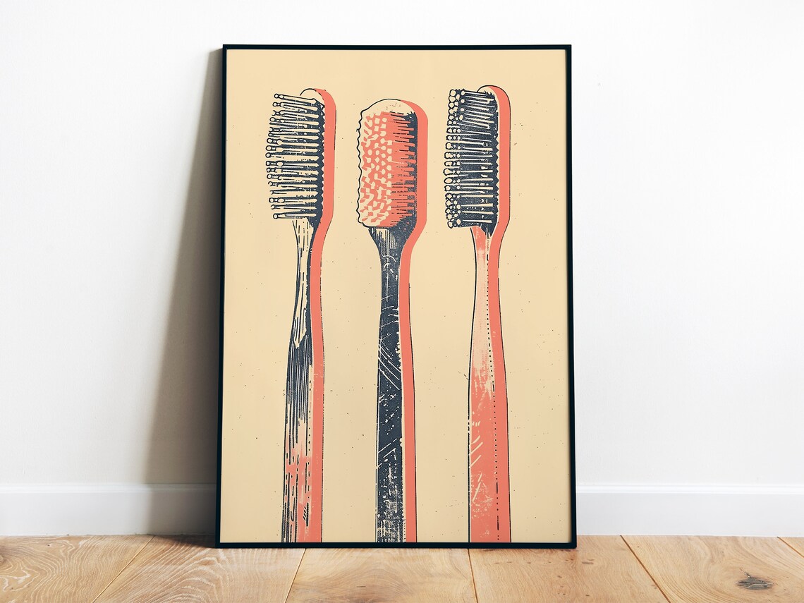 Toothbrush Retro Bathroom Art Print, Toilet Poster