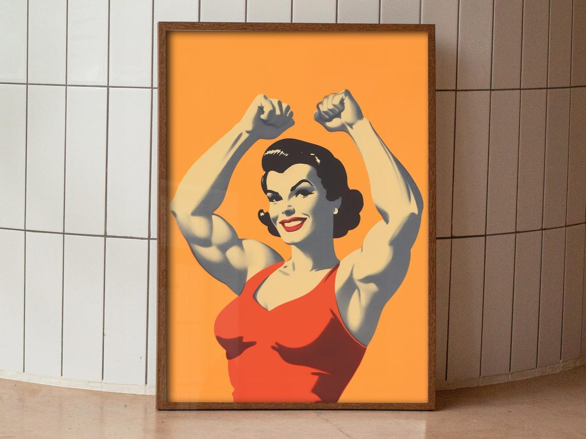 Retro Strong Woman Flexing Muscles Vintage Gym Workout Art Poster - Image 3