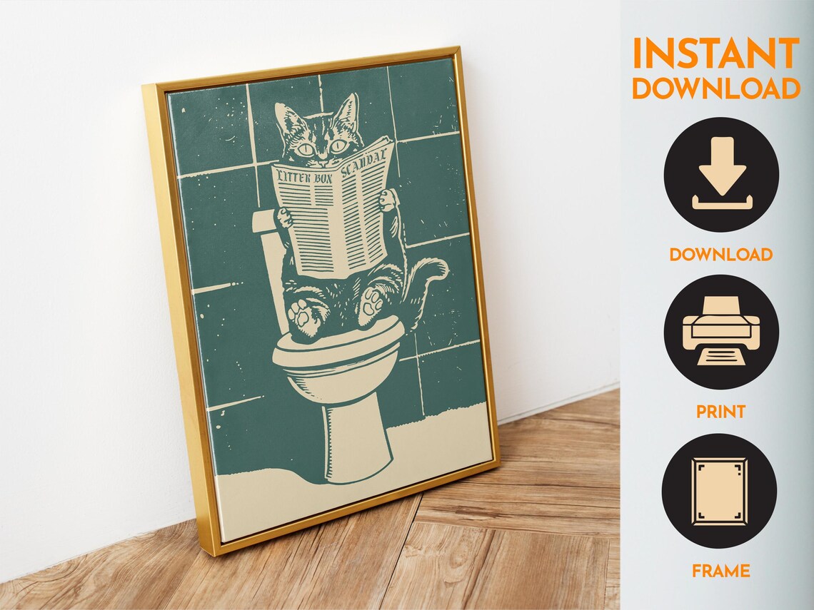 Cat on Toilet Reading Newspaper Funny Bathroom Humor Art Poster - Image 4