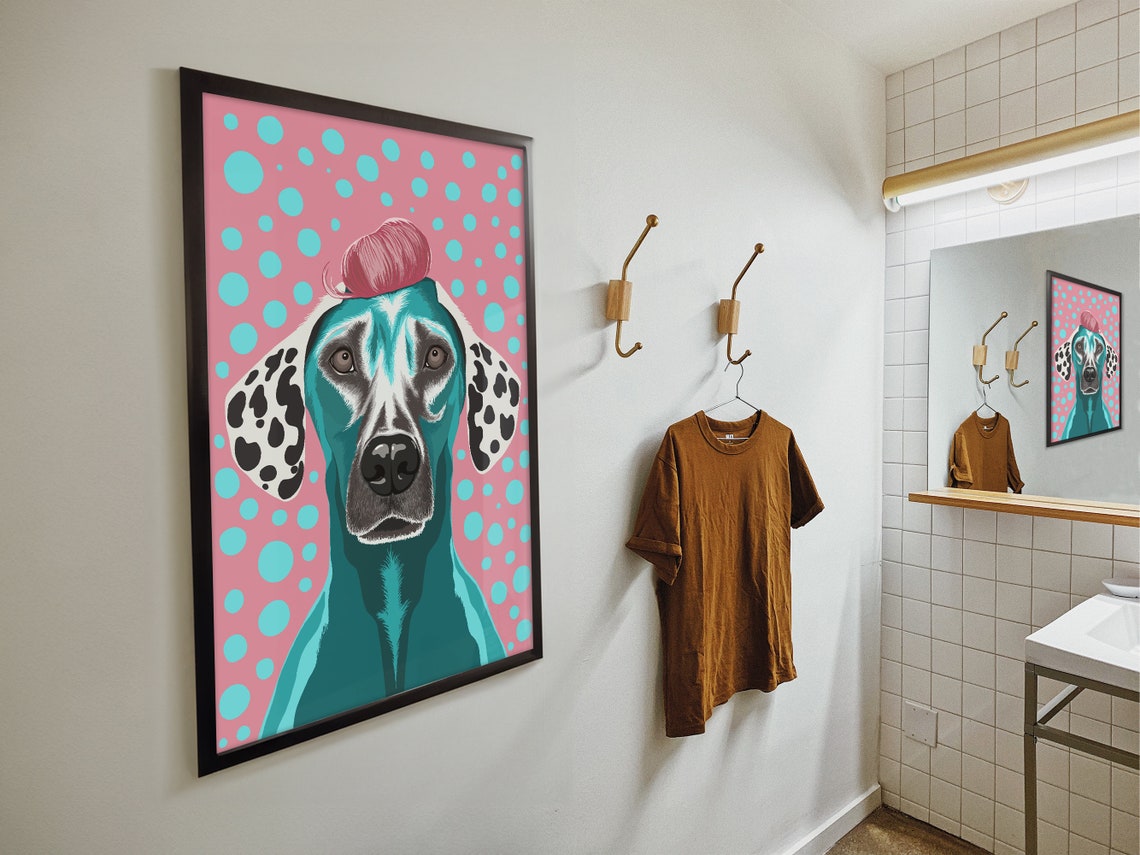 Funky Retro Dog Print Puppy Colorful Bathroom Wall Art Dalmatian Dog Art Print Funny Toilet Dog Art Maximalist Wall Art Pink Blue - Image 4