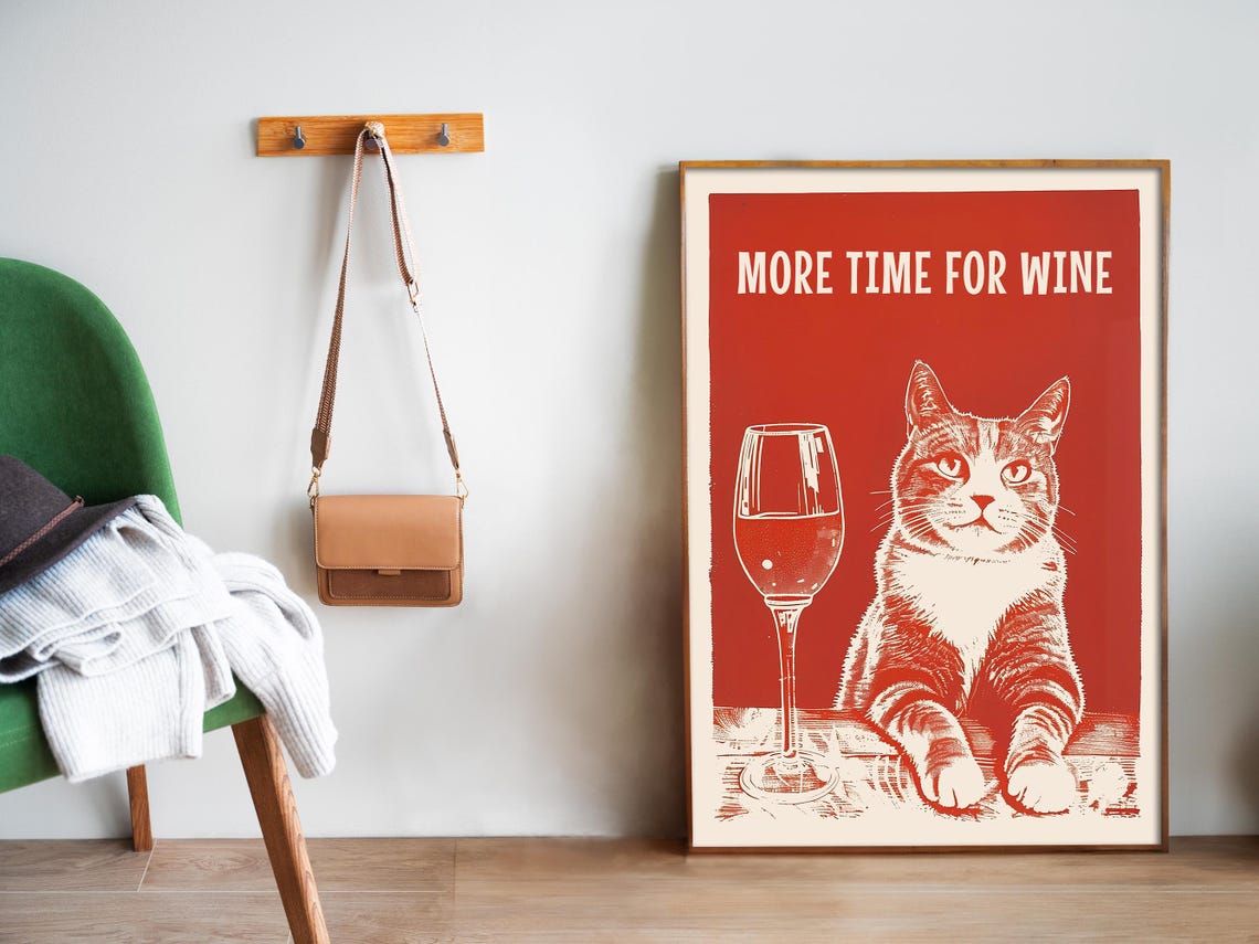 More Time For Wine Funny Tabby Cat With Glass Red Retro Kitchen Poster - Image 5