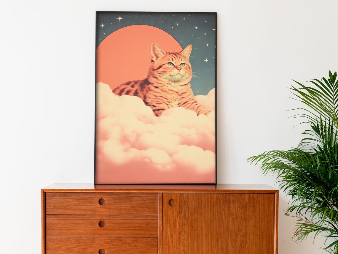 Tabby Cat In Pink Clouds Under Big Moon Dreamy Night Art Poster - Image 2