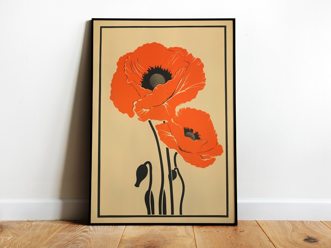 Vintage Red Poppies Floral Botanical Garden Illustration Poster