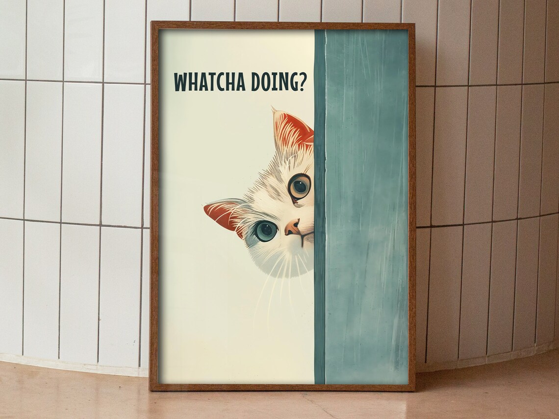 Funny Bathroom Cat Toilet Art Print, Blue Toilet - Image 3