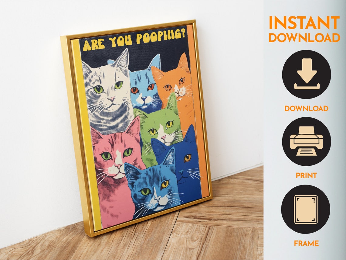 Are You Pooping Six Colorful Pop Art Cats Funny Bathroom Poster - Image 6