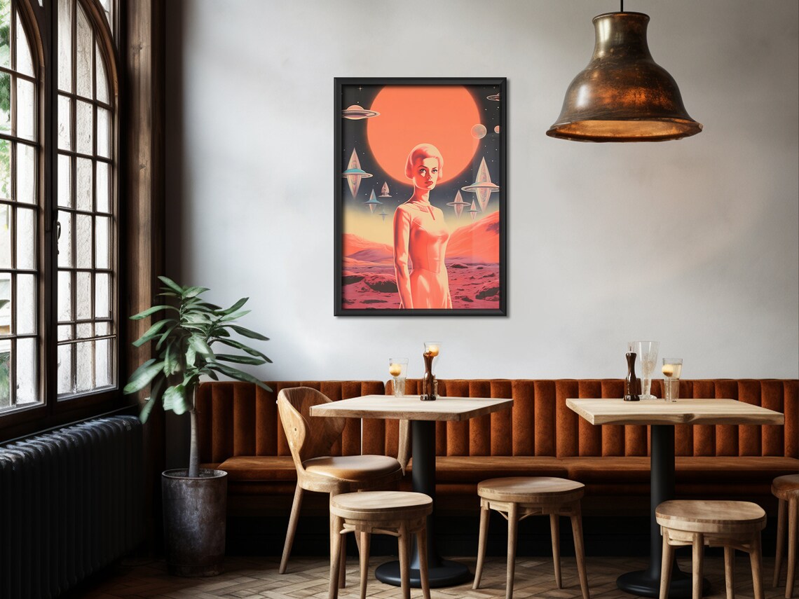 Retro Space Woman UFO Mars Planet Orange Futurist Sci Fi Poster - Image 3