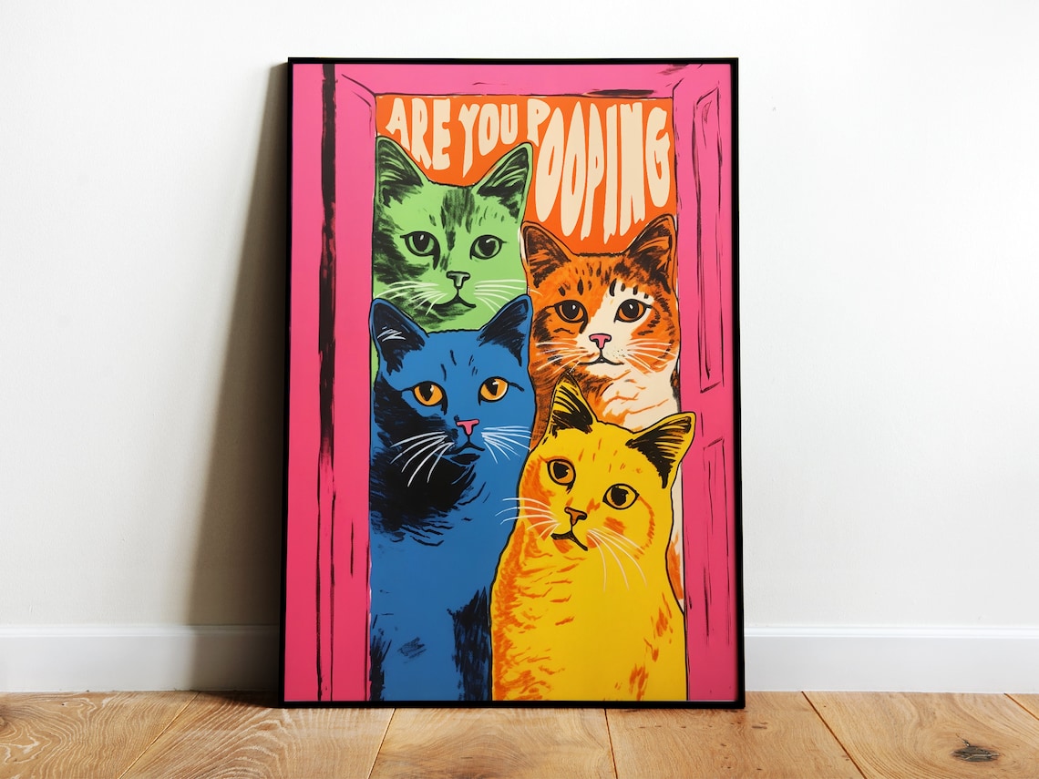 Funny Cat Bathroom Wall Art, Maximalist Poster