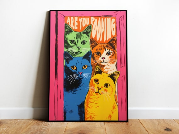 Funny Cat Bathroom Wall Art, Maximalist Poster