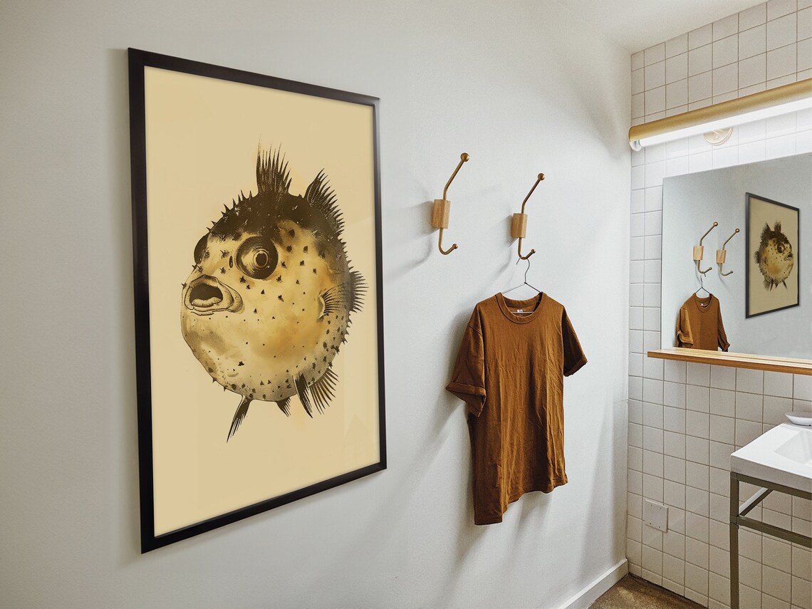 Retro Pufferfish Vintage Sepia Fish Illustration Funny Bathroom Poster - Image 4
