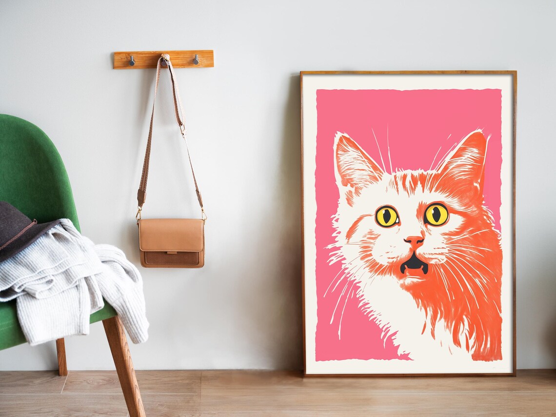 Funny White Cat Face Pink Pop Art Humor Quirky Animal Wall Poster - Image 5