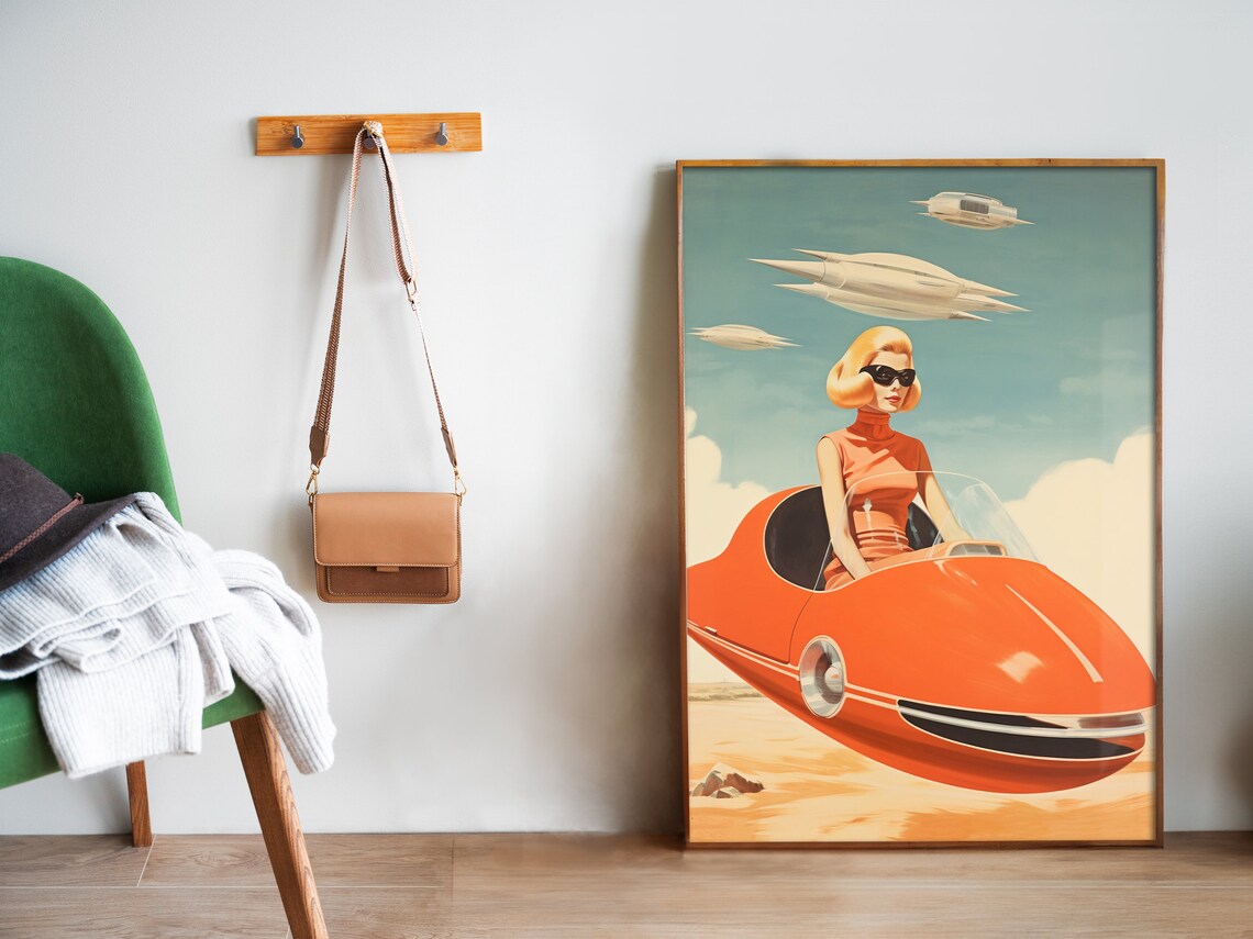 Woman In Orange Flying Car Bold Retro Futurism Sci Fi Art Poster - Image 5