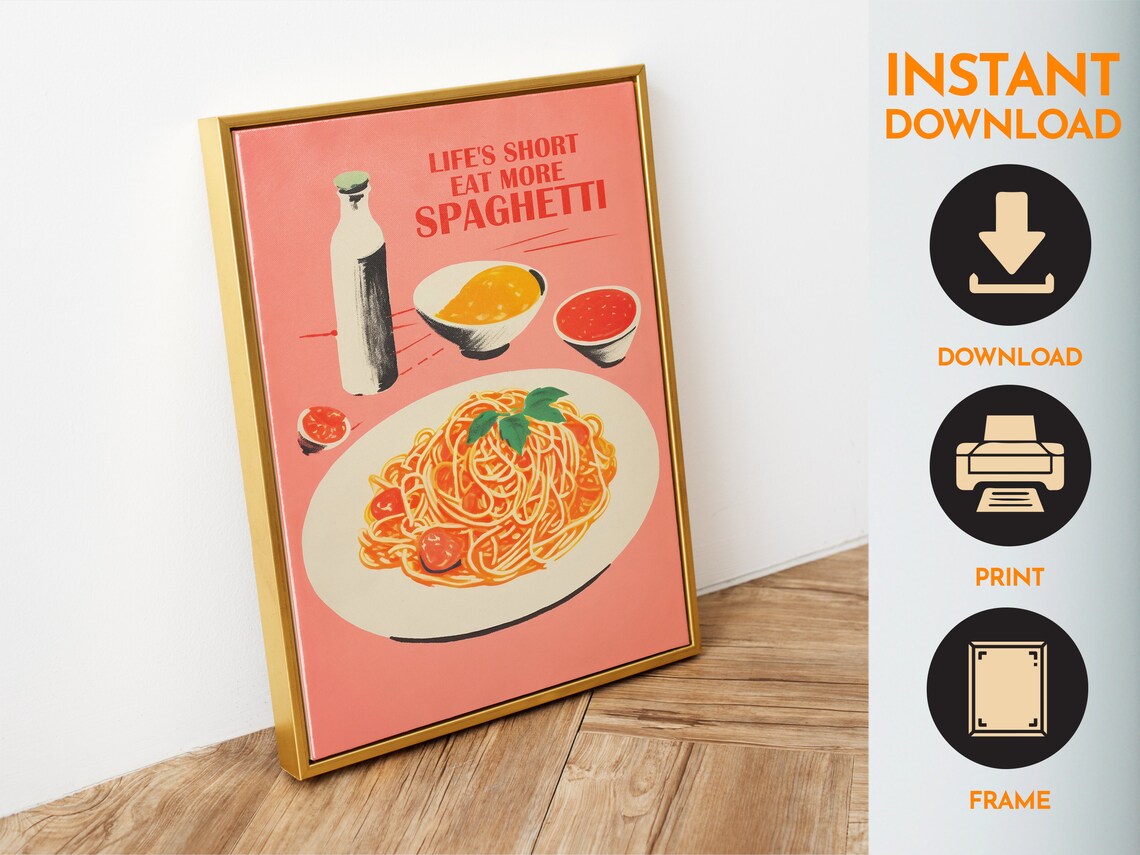 Lifes Short Eat More Spaghetti Retro Coral Italian Foodie Poster - Image 6