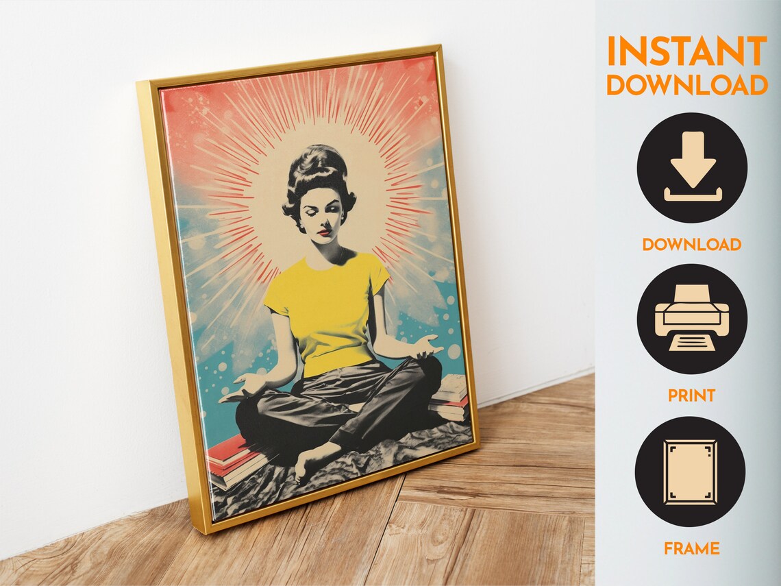 Meditating Girl Retro Yoga Studio Wall Art Print - Image 6
