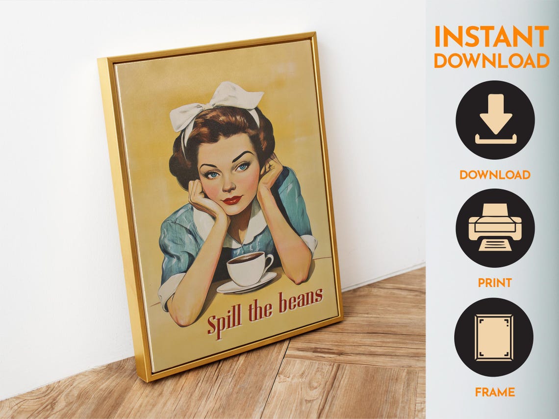 Spill The Beans Vintage Retro Woman With Coffee Cup Kitchen Poster - Image 6