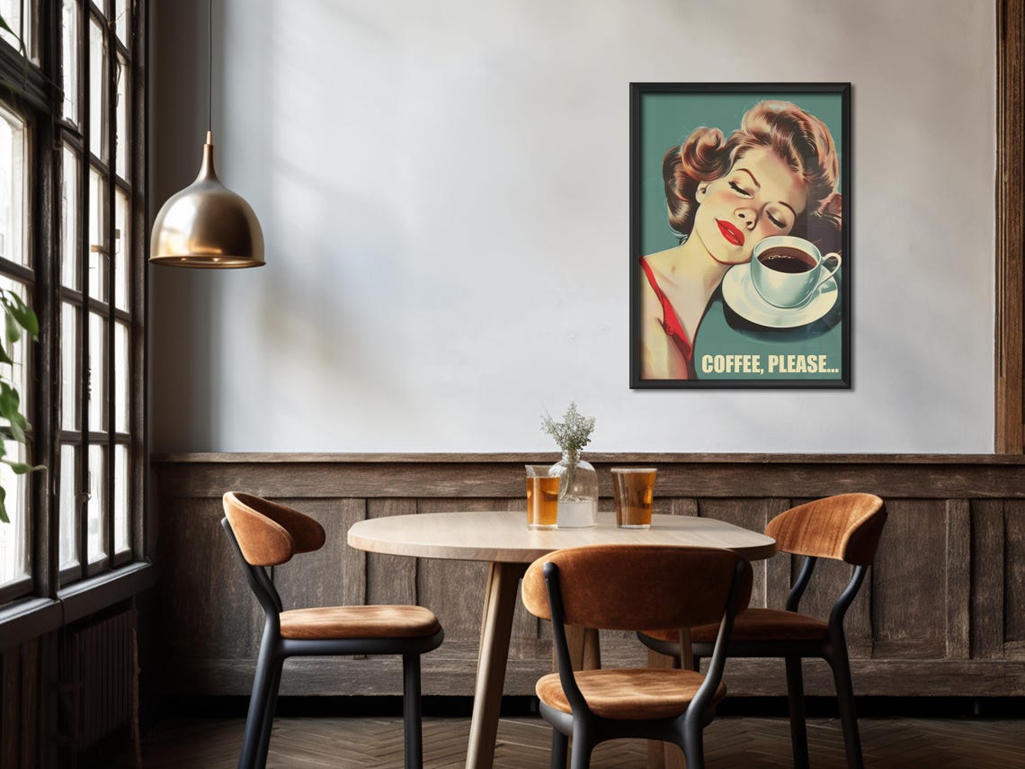 Coffee Please Retro Pinup Woman Dreamy Teal Kitchen Wall Poster - Image 4