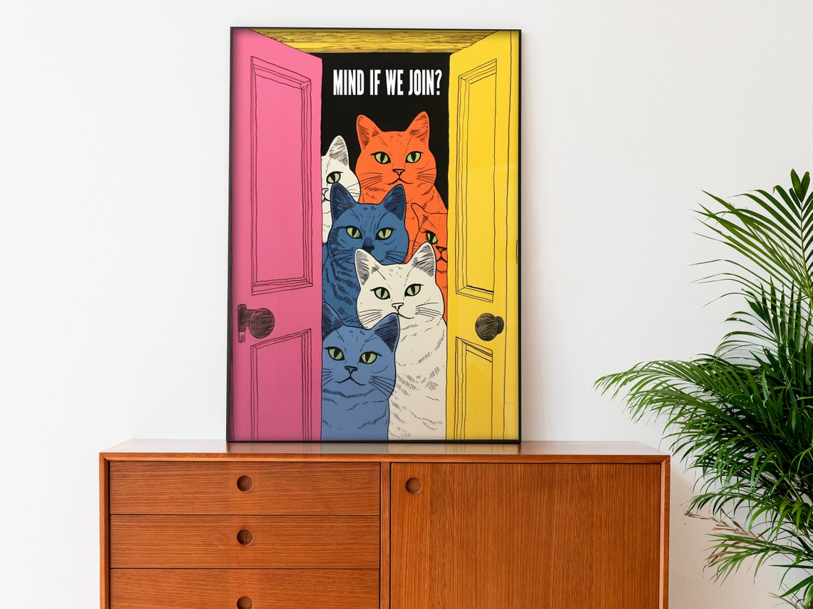 Mind If We Join Funny Cats Peeking Door Retro Pop Art Kitchen Poster - Image 2