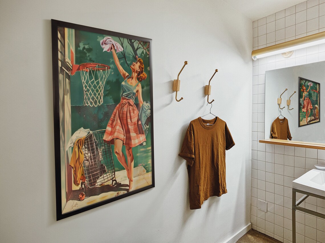 Laundry Room Funny Poster, Retro Housewife Basketball - Image 4