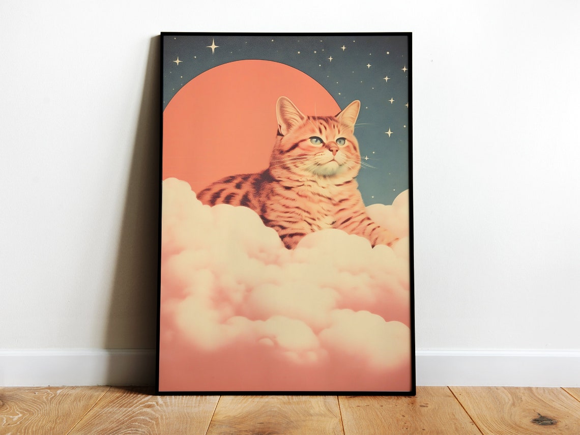 Tabby Cat In Pink Clouds Under Big Moon Dreamy Night Art Poster