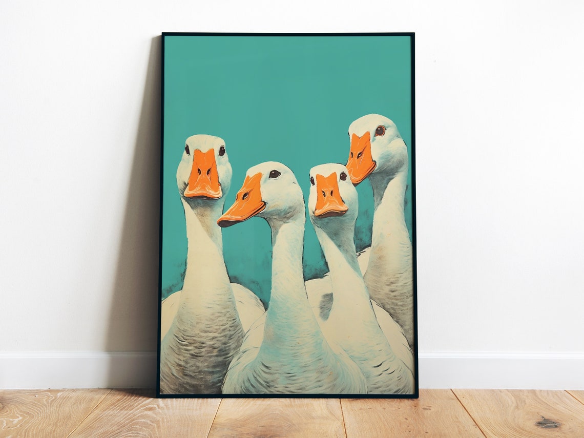 Silly Curious Geese Staring Close Up Group Portrait Teal Bird Poster