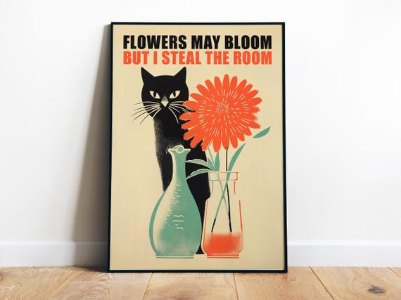 Black Cat Poster Retro Cat Art Cute Kitten Illustration Cat Lover Gift Funny Wall Art Vintage Cat Art Print Silly Prints
