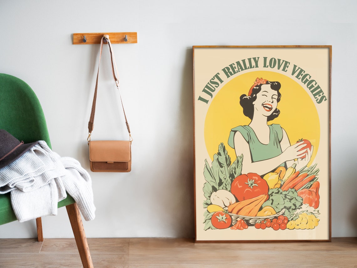 I Just Really Love Veggies Retro Woman Vegetable Basket Kitchen Poster - Image 5