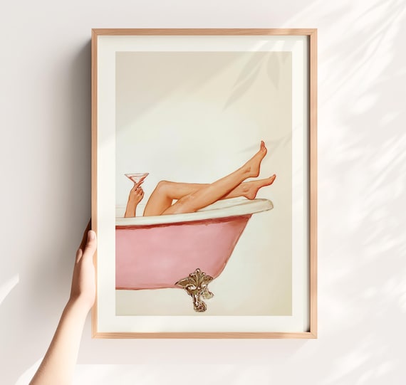 Pink Bathtub Martini Retro Bathroom Self Care Feminine Art Poster