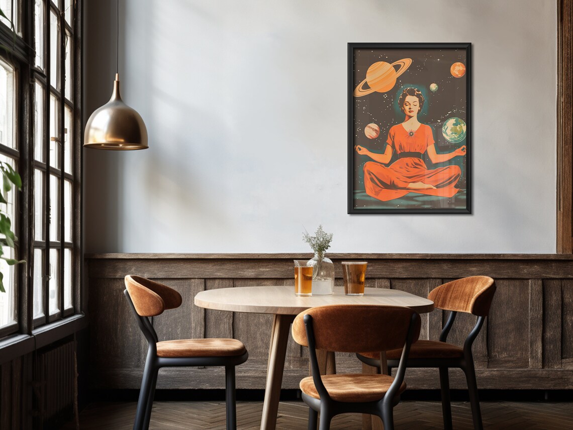Woman Meditating Among Planets Retro Cosmic Space Spiritual Poster - Image 3