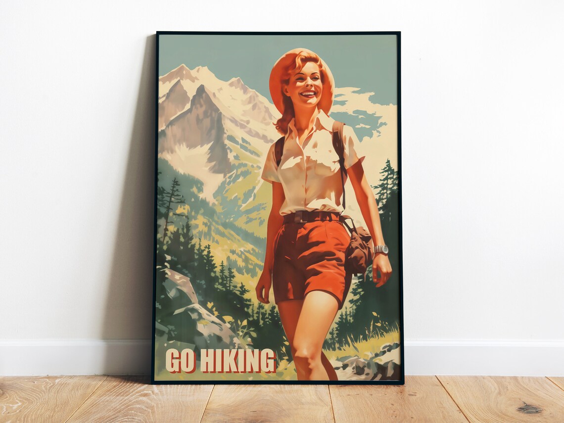 Vintage Hiking Travel Poster, Retro Camping Mountains