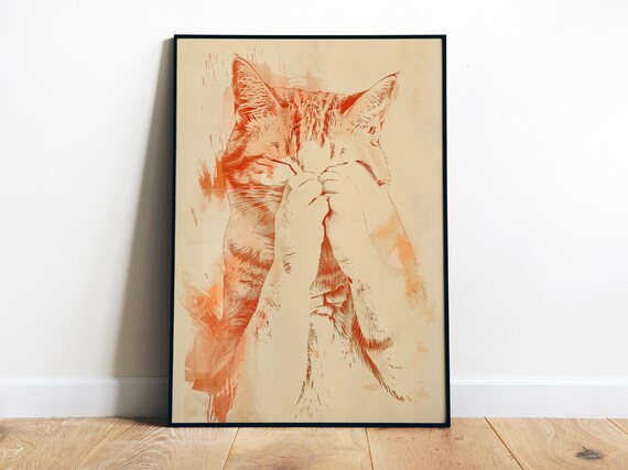 Shy Orange Tabby Cat Covering Eyes Cute Peekaboo Kitten Art Poster