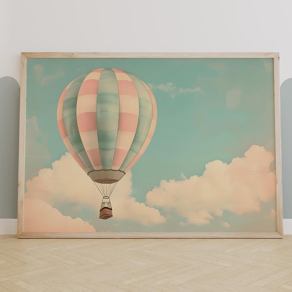 Vintage Hot Air Balloon Nursery Wall Art Pastel Sky And Cloud Print Dreamy Baby Room Adventure Decor