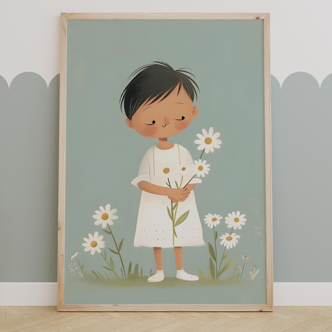 Little Girl Holding Daisies Cute Illustration Kids Room Wall Poster