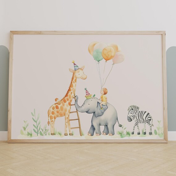 Safari Birthday Party With Animals Watercolor Kids Room Wall Poster