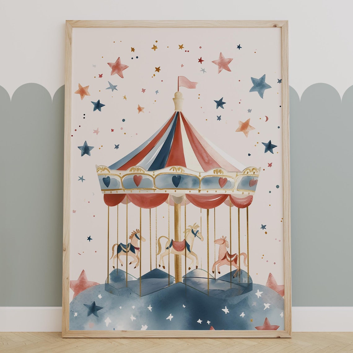 Vintage Carousel With Carousel Horses And Stars Nursery Wall Poster