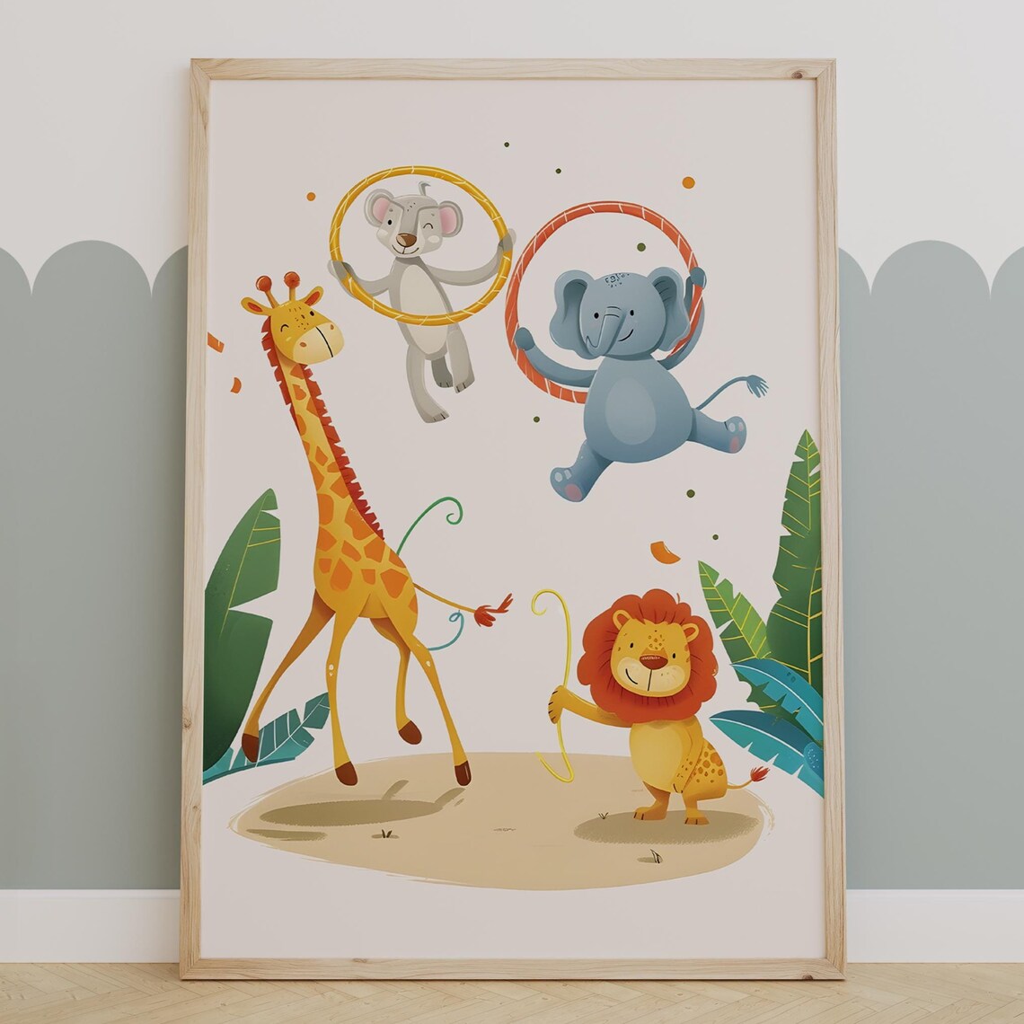 Safari Animals Hula Hoop Giraffe Lion Playful Kids Room Poster