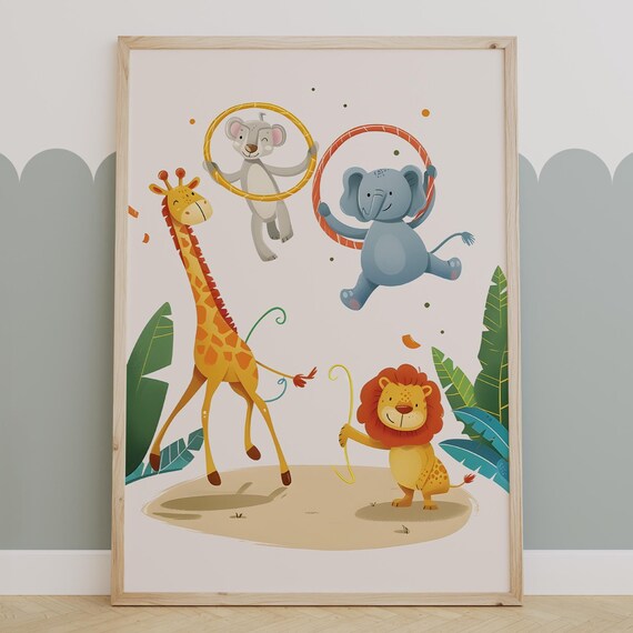 Safari Animals Hula Hoop Giraffe Lion Playful Kids Room Poster