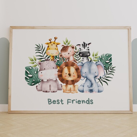 Best Friends Safari Animals Jungle Leaves Watercolor Nursery Poster