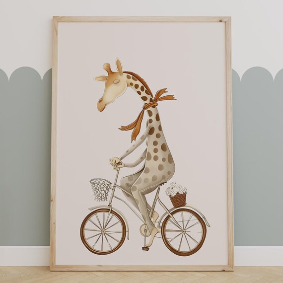 Giraffe Riding A Bicycle Watercolor Whimsical Nursery Wall Poster