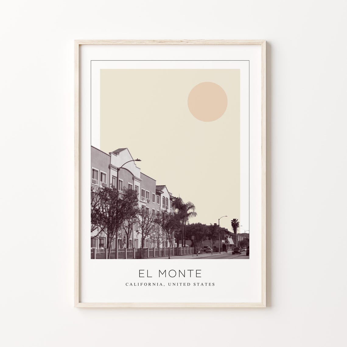 El Monte California Palm Lined Street Scene Minimalist Travel Poster