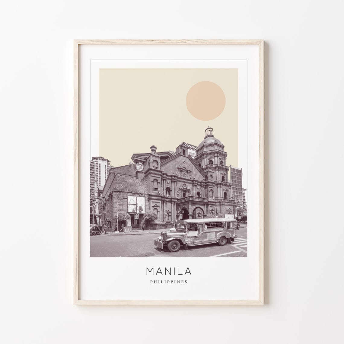 Manila Jeepney Cathedral Monochrome Minimalist Philippines Poster