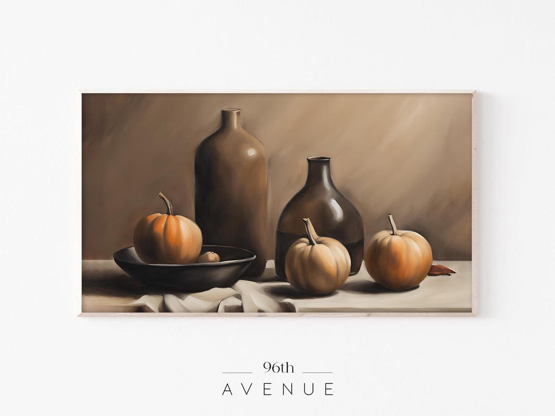 Moody Autumn Still Life With Pumpkins And Amber Glass Bottles Poster
