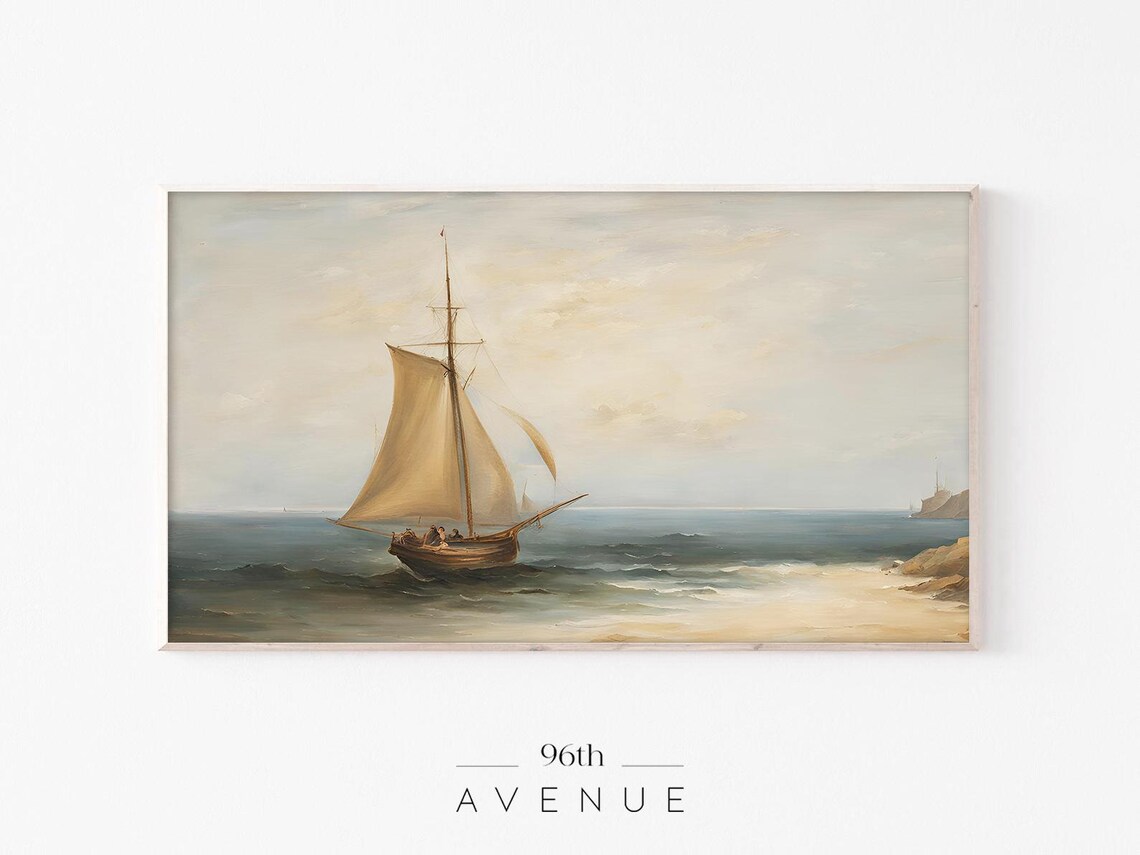 Vintage Coastal Frame Tv Art Neutral Sailboat Seascape Lake House Frame Tv Art Antique Painting For Tv 1122tv