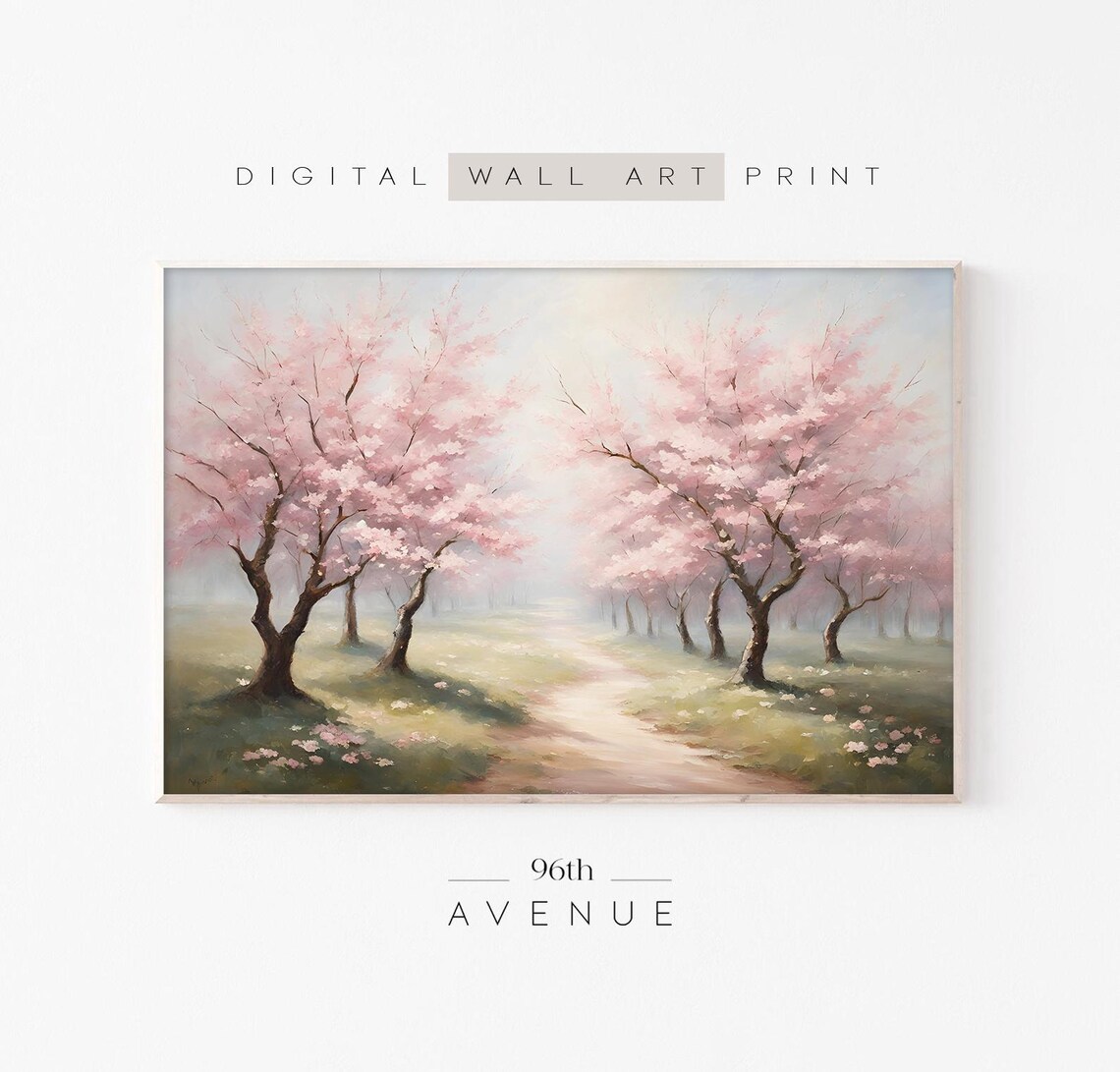 Cherry Blossom Tree Path Spring Landscape Painting Soft Pink Wall Poster
