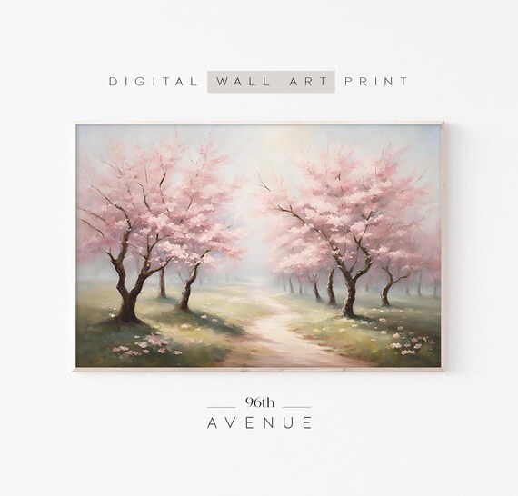 Cherry Blossom Tree Path Spring Landscape Painting Soft Pink Wall Poster