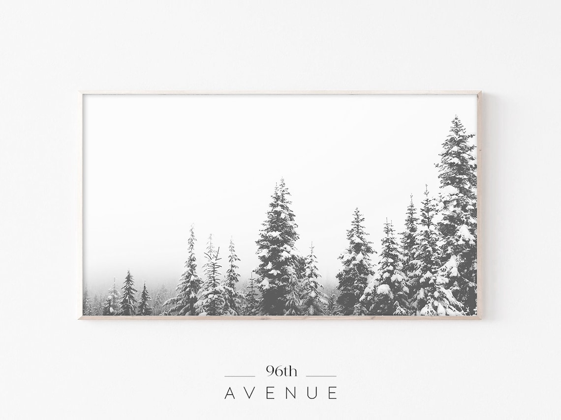 Monochrome Snowy Treetops in Fog Minimalist Black White Poster