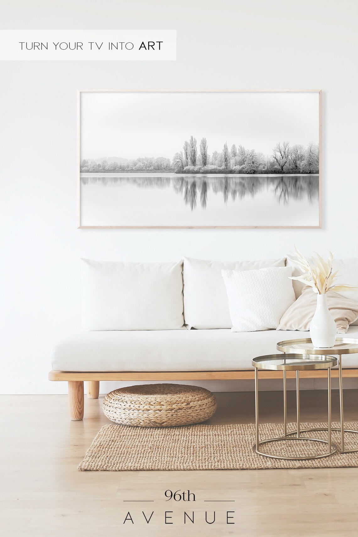 Snowy Lake with Trees Reflection Black and White Winter Photography Poster - Image 2